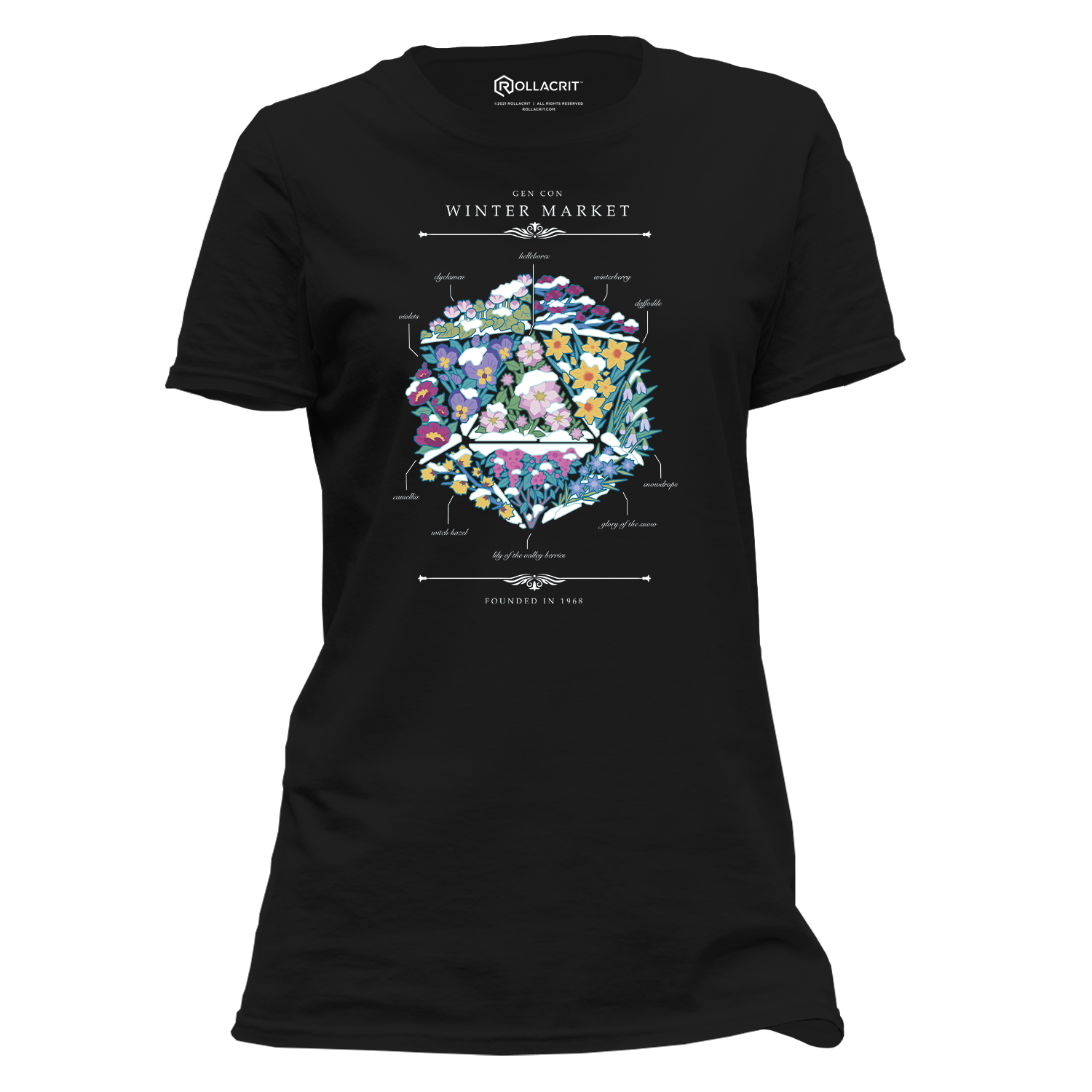 Black Gen Con Winter Floral d20 Femme T-Shirt | Rollacrit