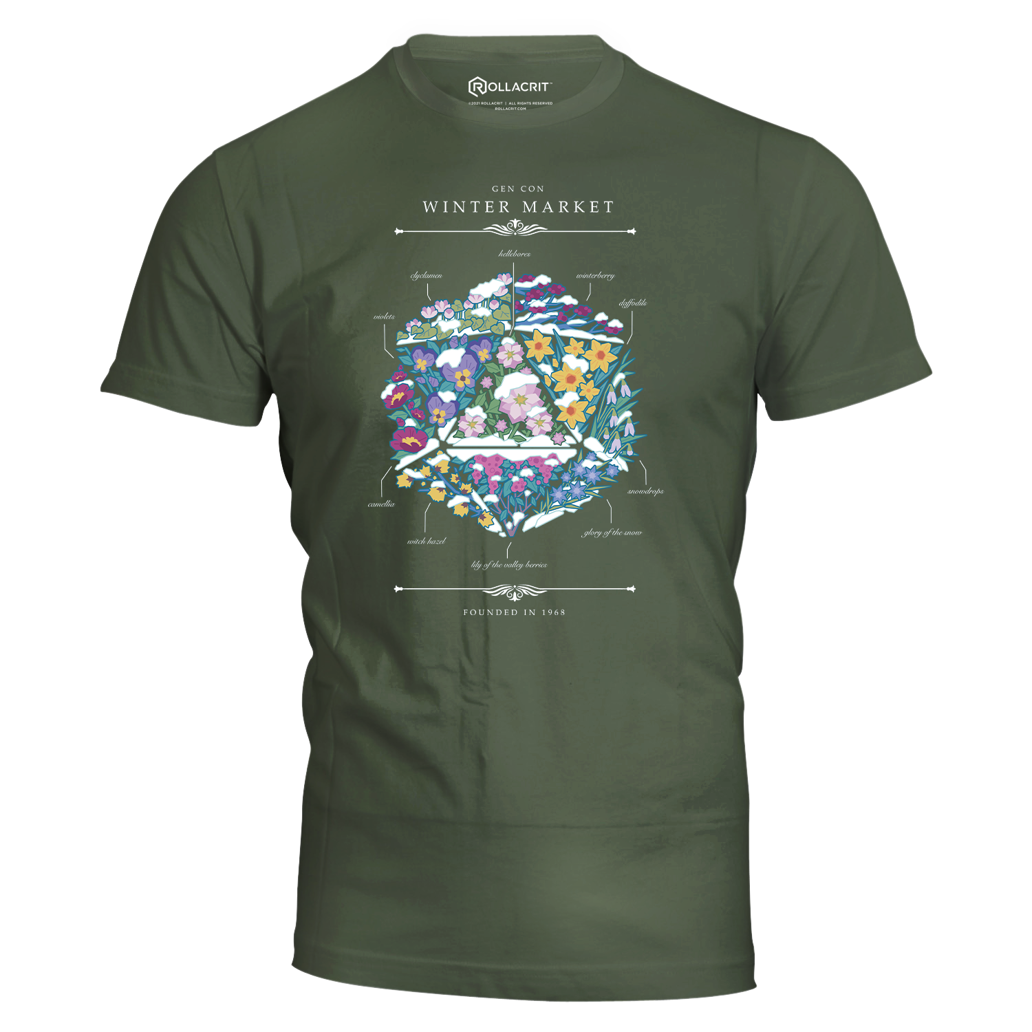 Olive Gen Con Winter Floral d20 Unisex T-Shirt | Rollacrit