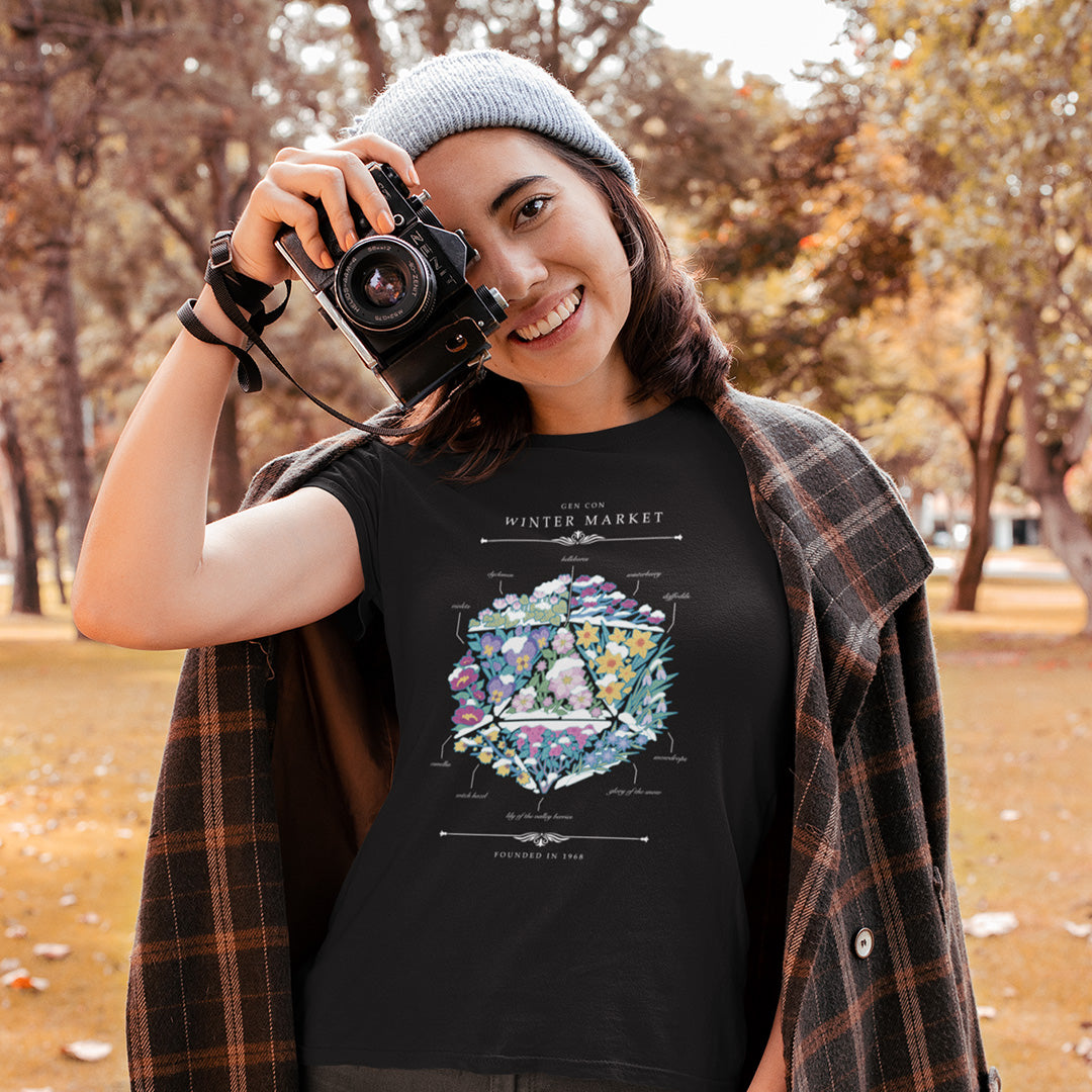 Black Gen Con Winter Floral d20 Femme T-Shirt in Nature | Rollacrit