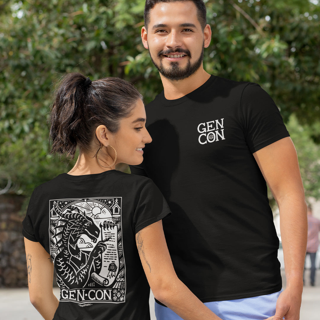 Gen Con 2025 Genevieve Scroll Woodblock T-Shirt | Rollacrit