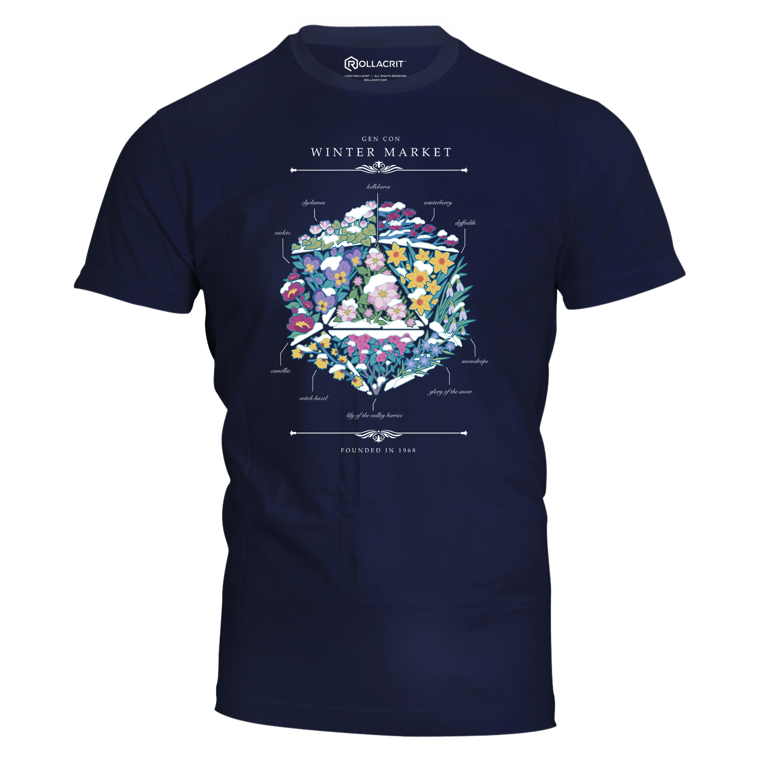 Navy Gen Con Winter Floral d20 Unisex T-Shirt | Rollacrit
