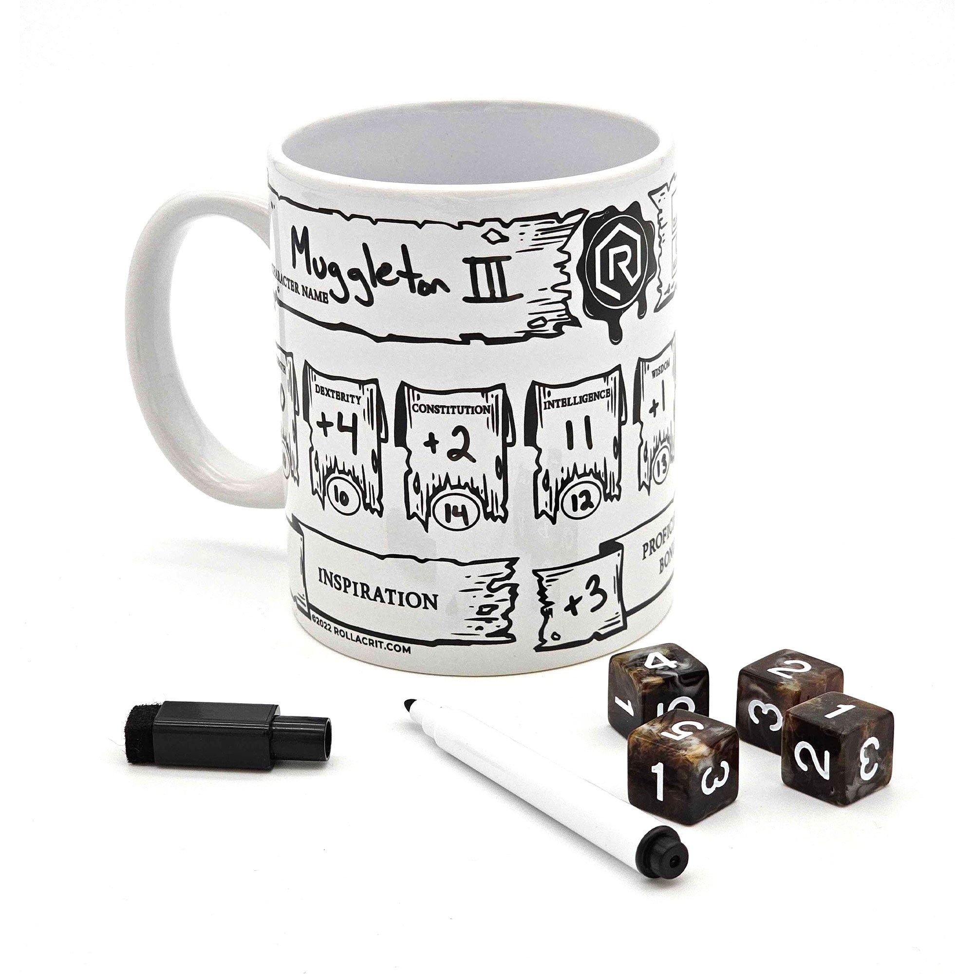 RPG Character Creation Coffee Mug and Dice Set | Rollacrit