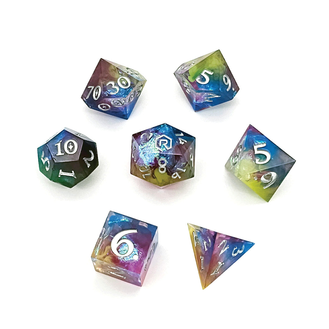 Galactic Dawn Custom Sharp Edge Resin 7pc Dice Set | Rollacrit