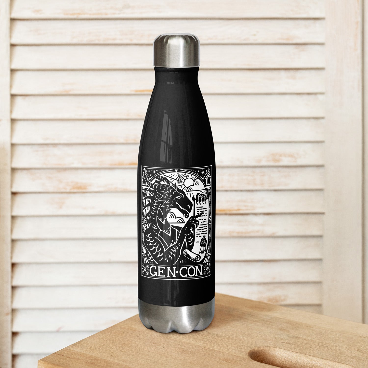 Gen Con 2025 Genevieve Scroll Woodblock Water Bottle | Rollacrit