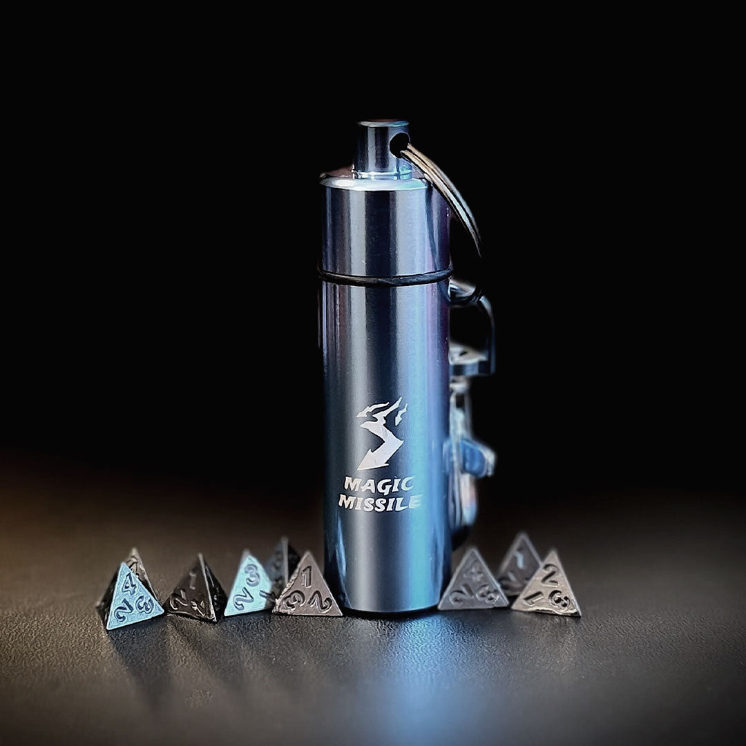 Magic Missile Spell Component Keychain With Tiny 9pc Dice Set | Rollacrit