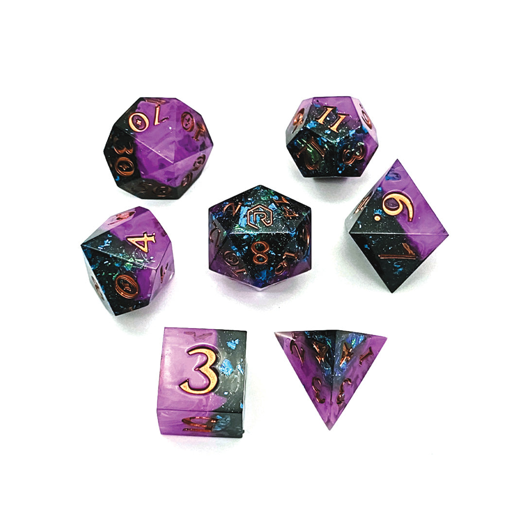 Tasha's Pink Mist Custom Sharp Edge Resin 7pc Dice Set | Rollacrit