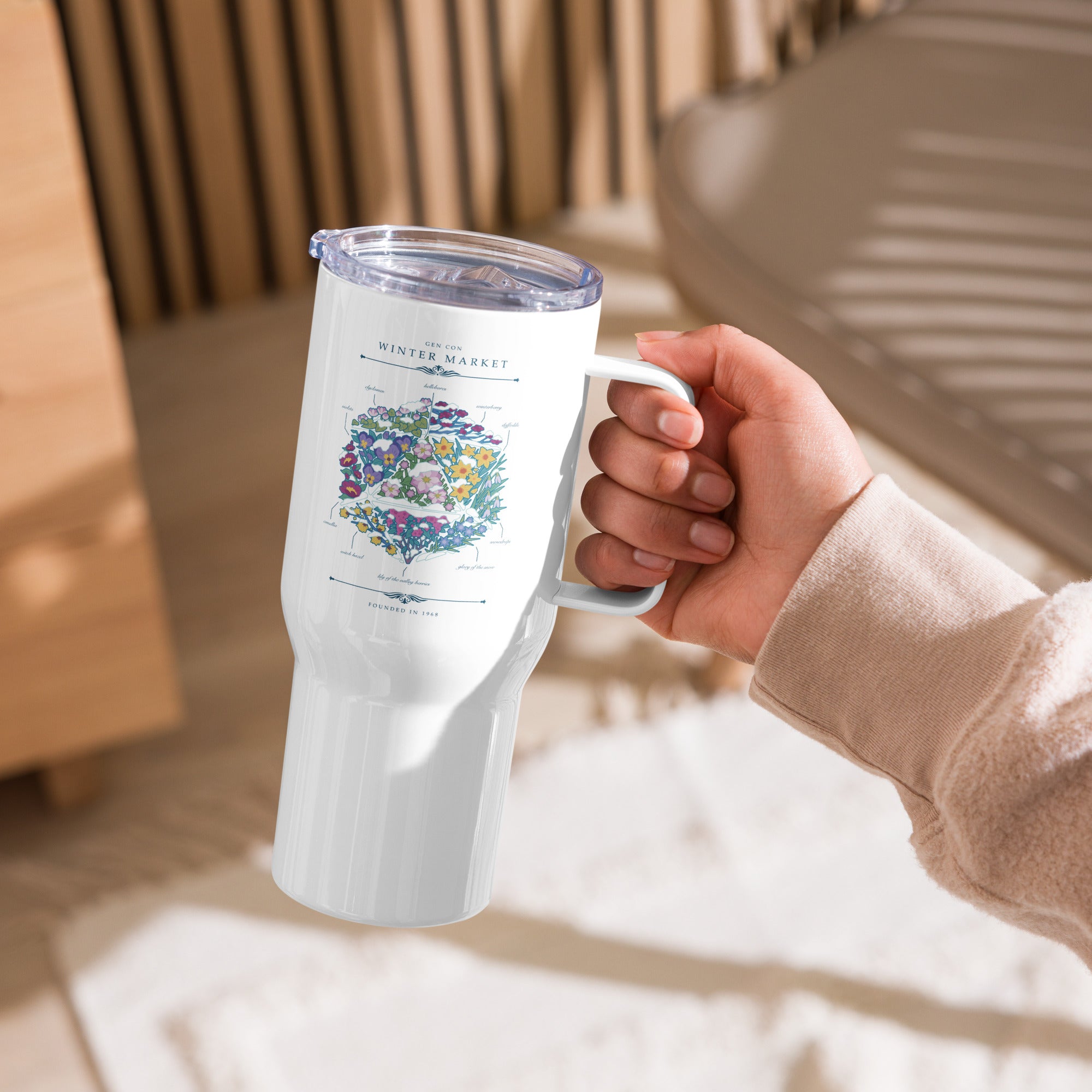 Gen Con Winter Floral d20 Travel Mug | Rollacrit