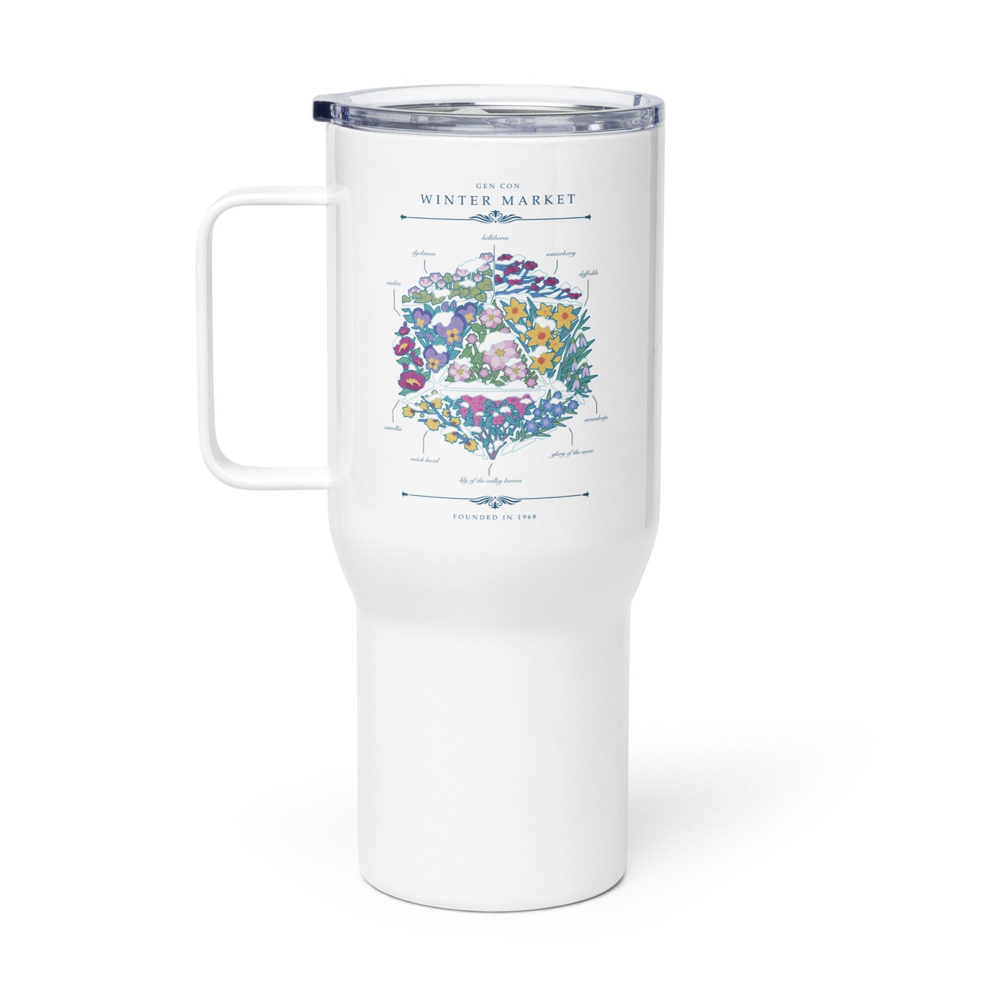 Gen Con Winter Floral d20 Travel Mug | Rollacrit