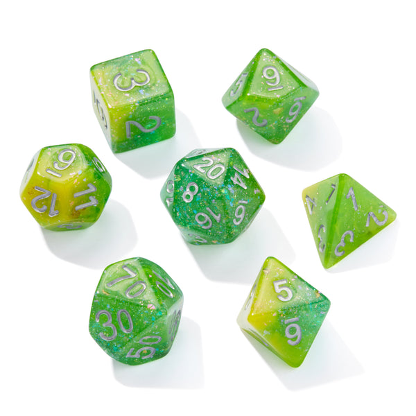 Seabed Treasure Yellow & Green Glitter Resin 7pc Dice Set | Rollacrit