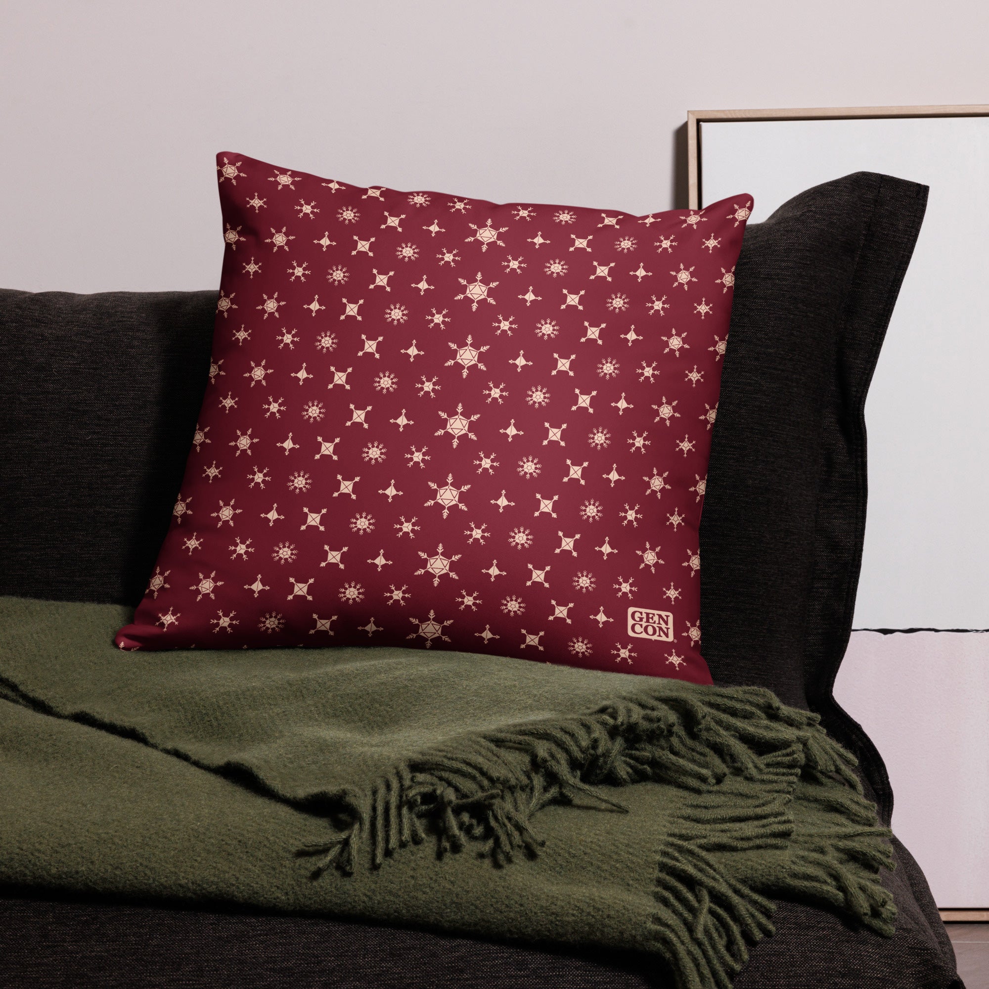 Gen Con Dice Snowflake Burgundy Pillow | Rollacrit