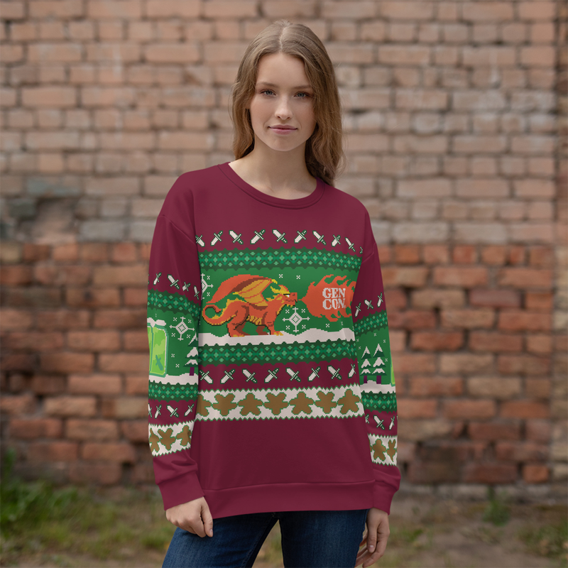 Gen Con 2023 Genevieve All-Over Print Holiday Sweatshirt | Rollacrit