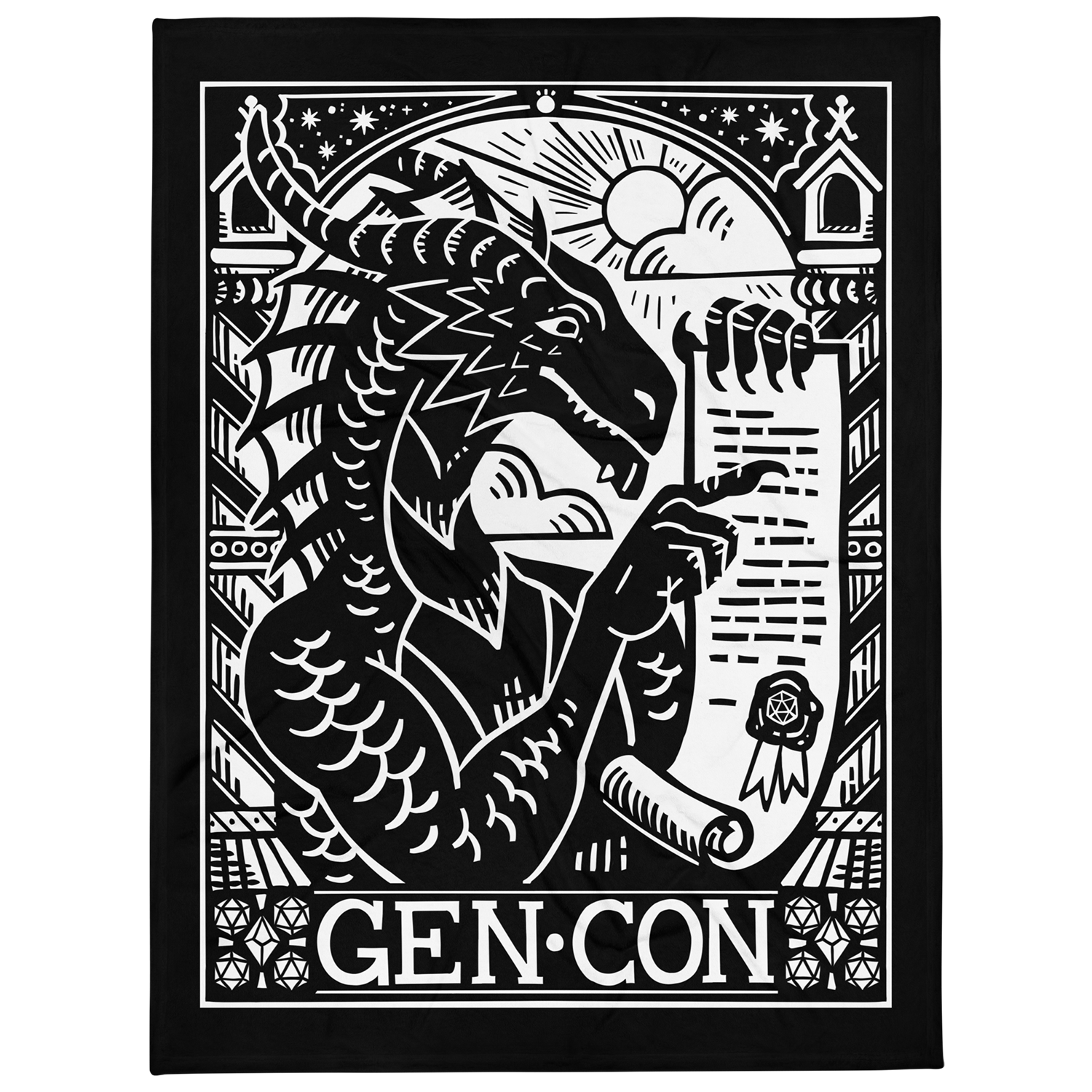 Gen Con 2025 Genevieve Scroll Woodblock Throw Blanket | Rollacrit