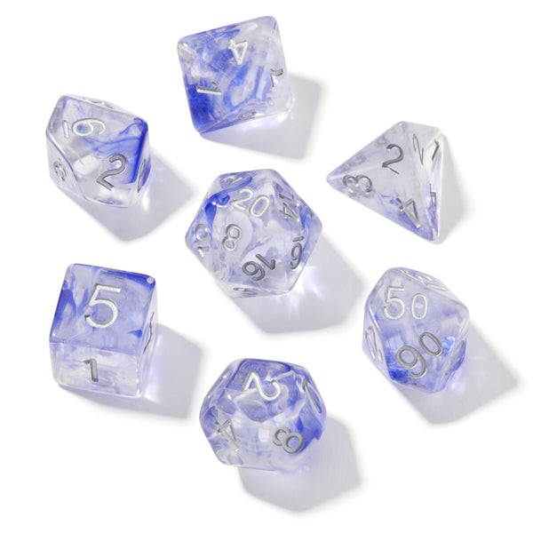 Blue Smoke Swirl Clear Resin 7pc Dice Set | Rollacrit