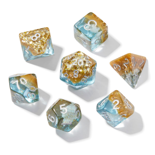 Blue Conch Shell and Sand Resin 7pc Dice Set | Rollacrit