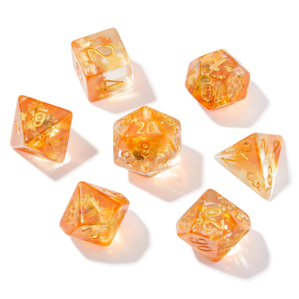 Golden Fall Leaves Fragment Filled Resin 7pc Dice Set | Rollacrit