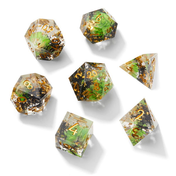 Green & Black Timeless Flower Sharp Edge Resin Dice Set | Rollacrit