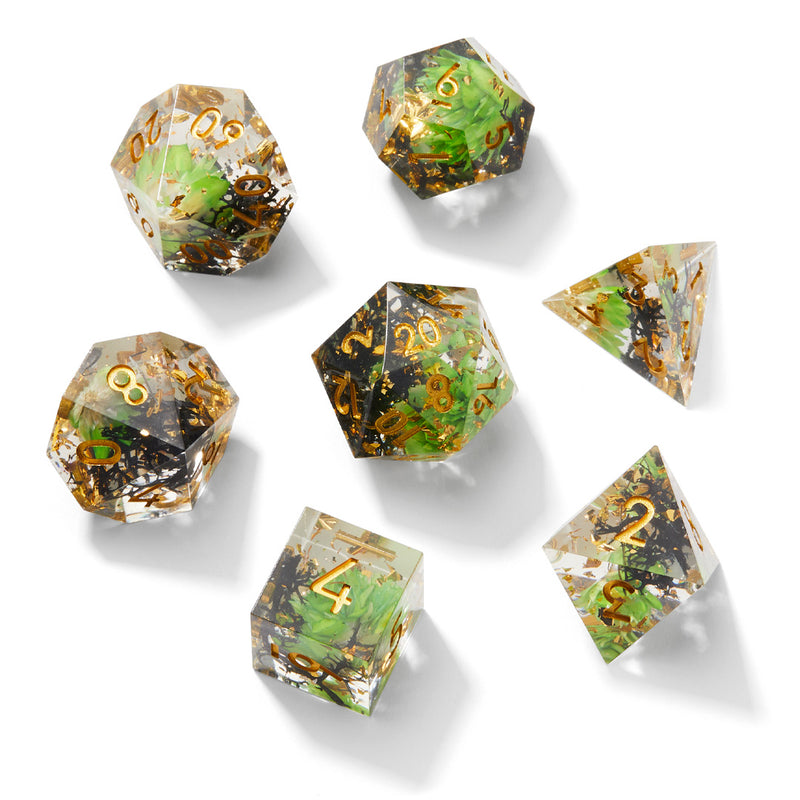 Green & Black Timeless Flower Sharp Edge Resin Dice Set | Rollacrit