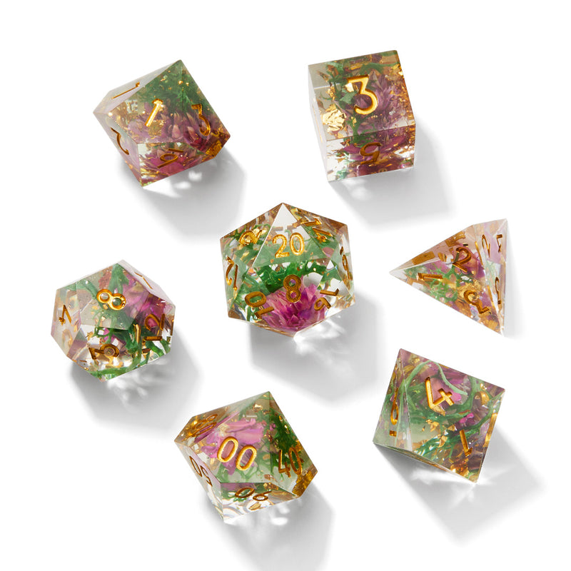 Purple & Green Timeless Flower Sharp Edge Resin Dice Set | Rollacrit