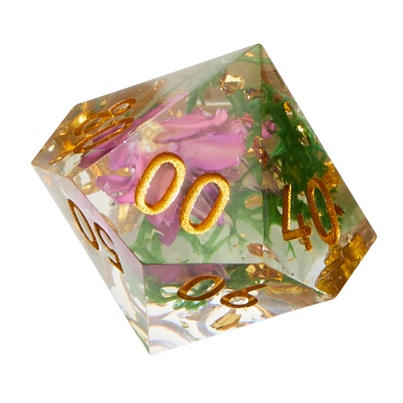 Purple & Green Timeless Flower Sharp Edge Resin Dice Set | Rollacrit