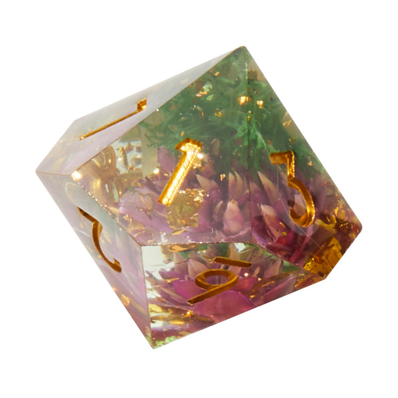Purple & Green Timeless Flower Sharp Edge Resin Dice Set | Rollacrit