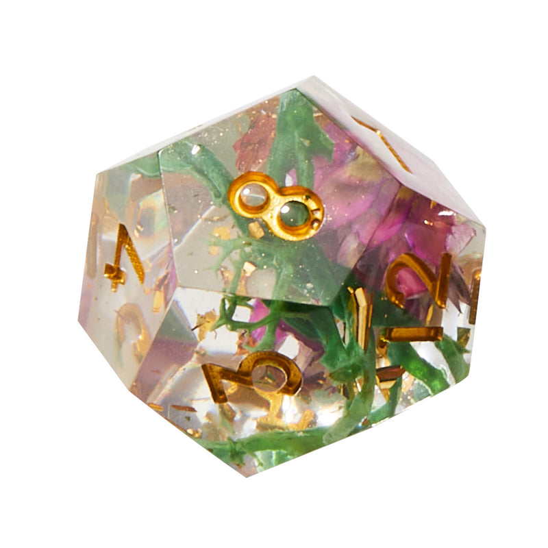 Purple & Green Timeless Flower Sharp Edge Resin Dice Set | Rollacrit