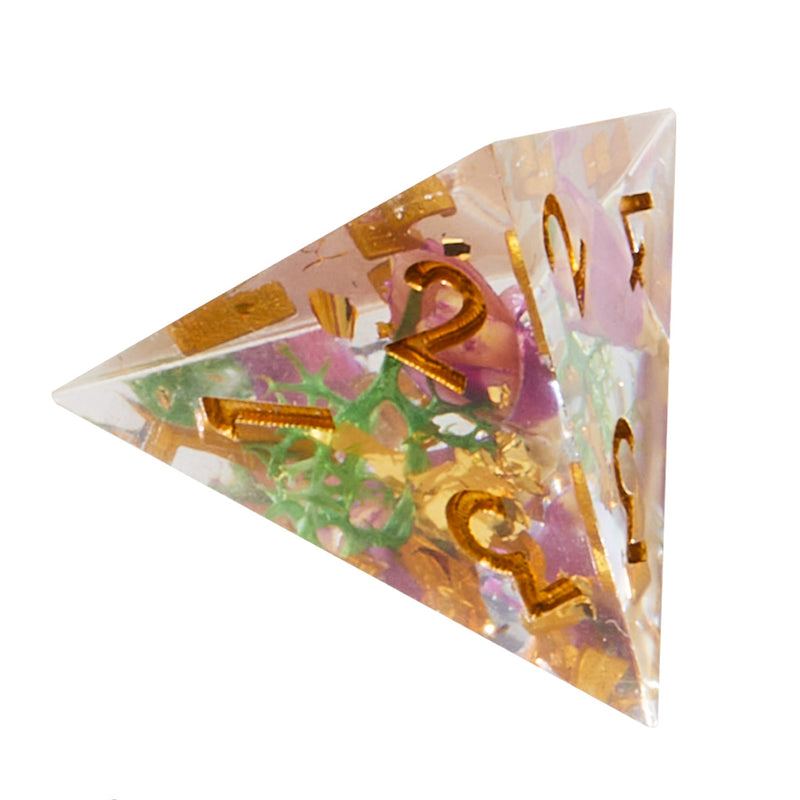 Purple & Green Timeless Flower Sharp Edge Resin Dice Set | Rollacrit