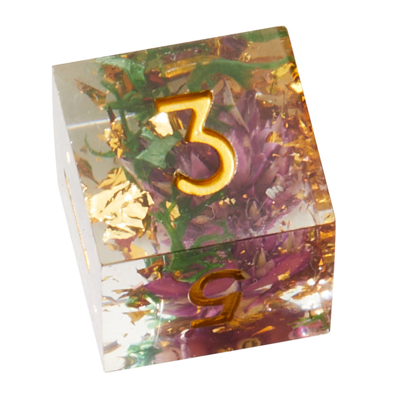 Purple & Green Timeless Flower Sharp Edge Resin Dice Set | Rollacrit