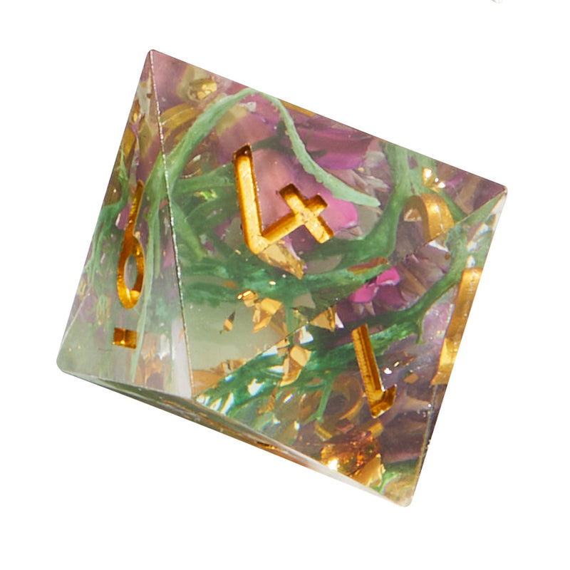 Purple & Green Timeless Flower Sharp Edge Resin Dice Set | Rollacrit