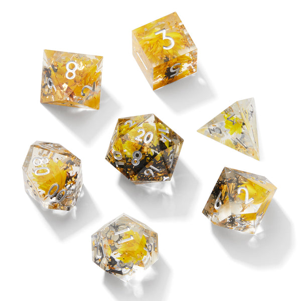 Yellow & Black Timeless Flower Sharp Edge Resin Dice Set | Rollacrit