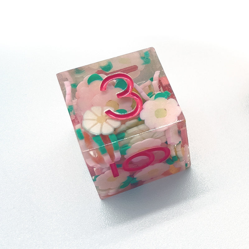 Pink and White Flower Sharp Edge Resin 7pc Dice Set | Rollacrit