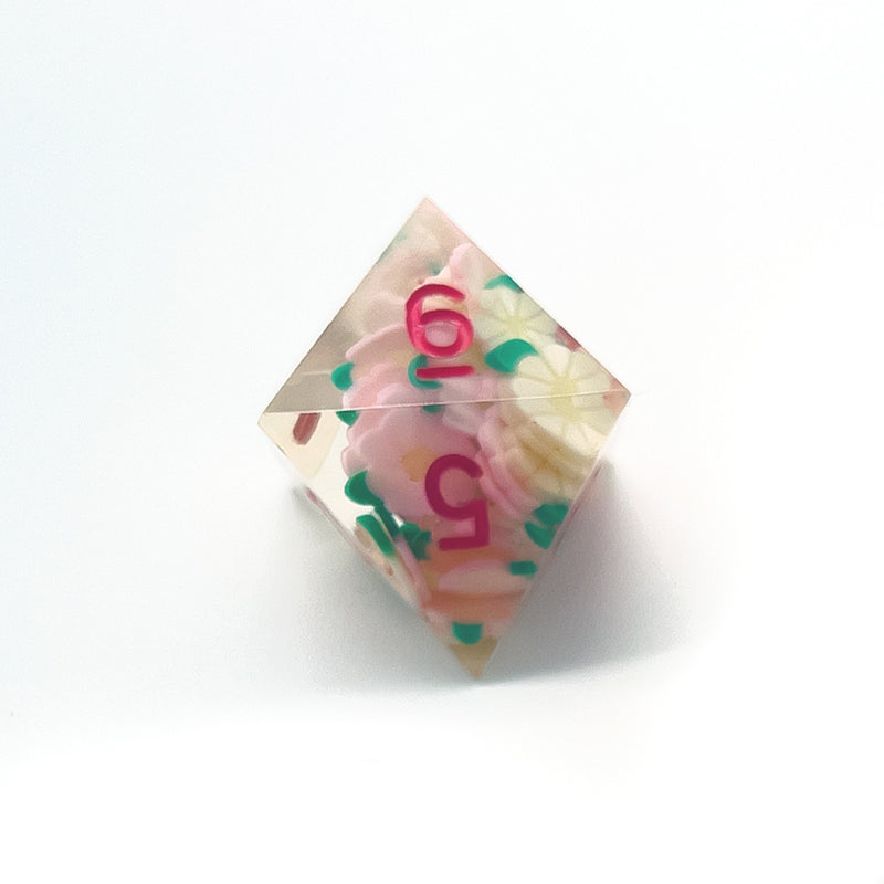 Pink and White Flower Sharp Edge Resin 7pc Dice Set | Rollacrit