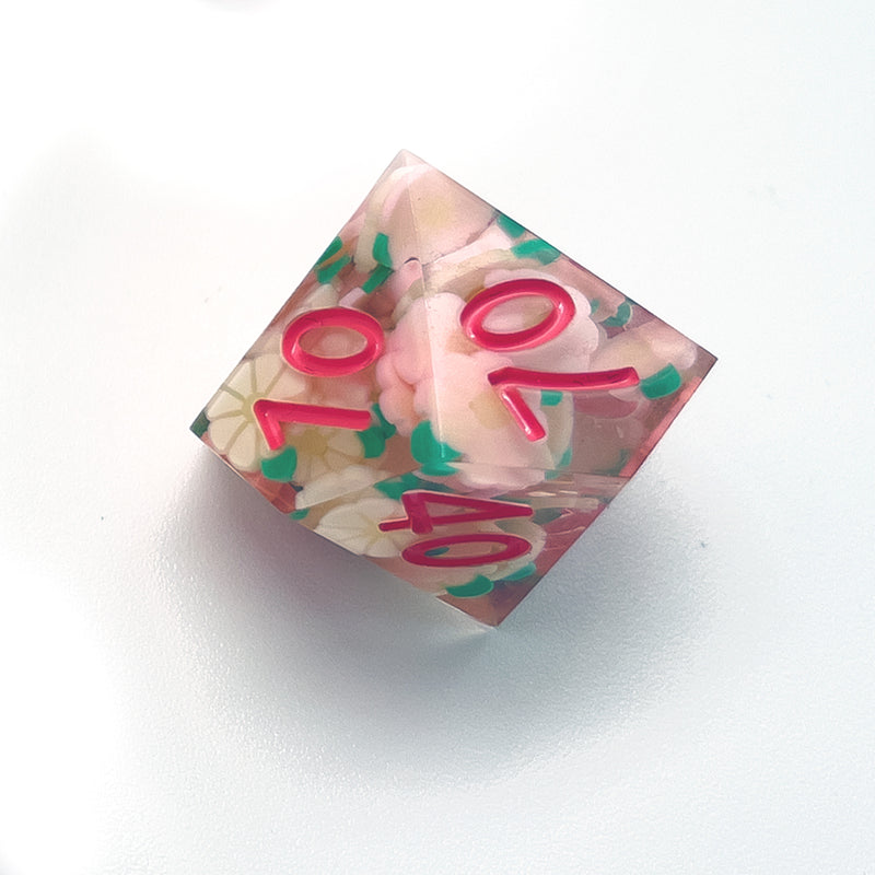 Pink and White Flower Sharp Edge Resin 7pc Dice Set | Rollacrit