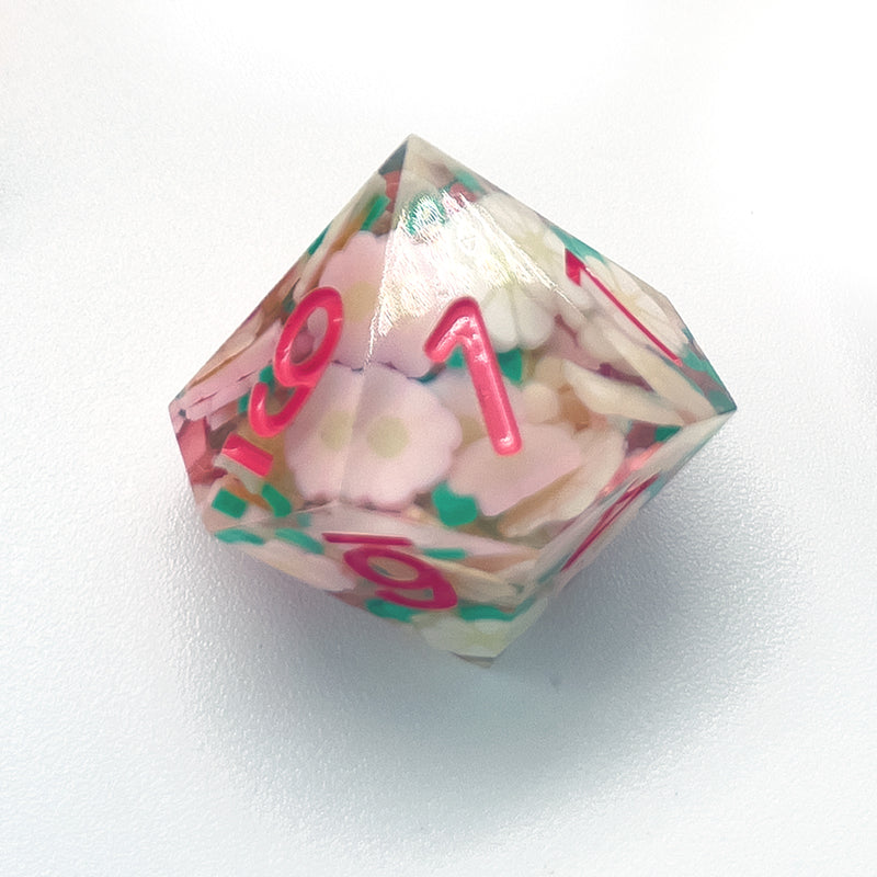 Pink and White Flower Sharp Edge Resin 7pc Dice Set | Rollacrit