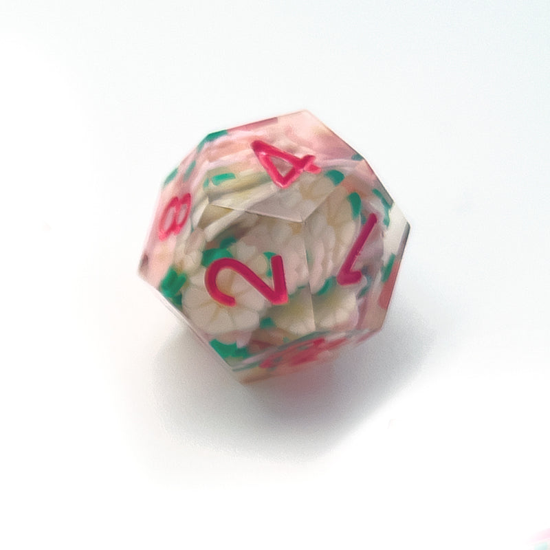Pink and White Flower Sharp Edge Resin 7pc Dice Set | Rollacrit