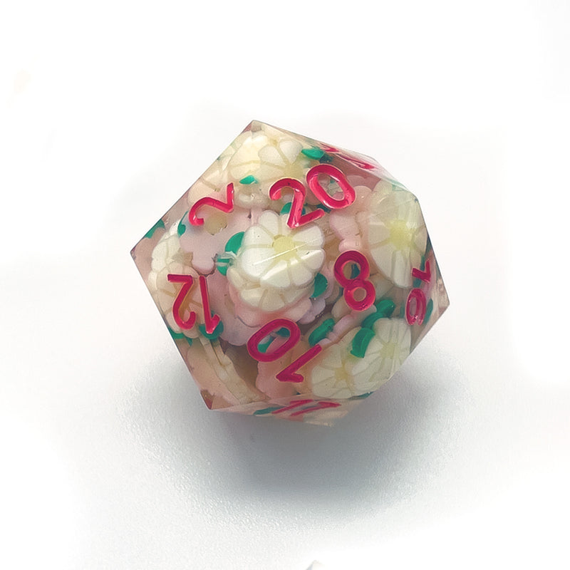 Pink and White Flower Sharp Edge Resin 7pc Dice Set | Rollacrit