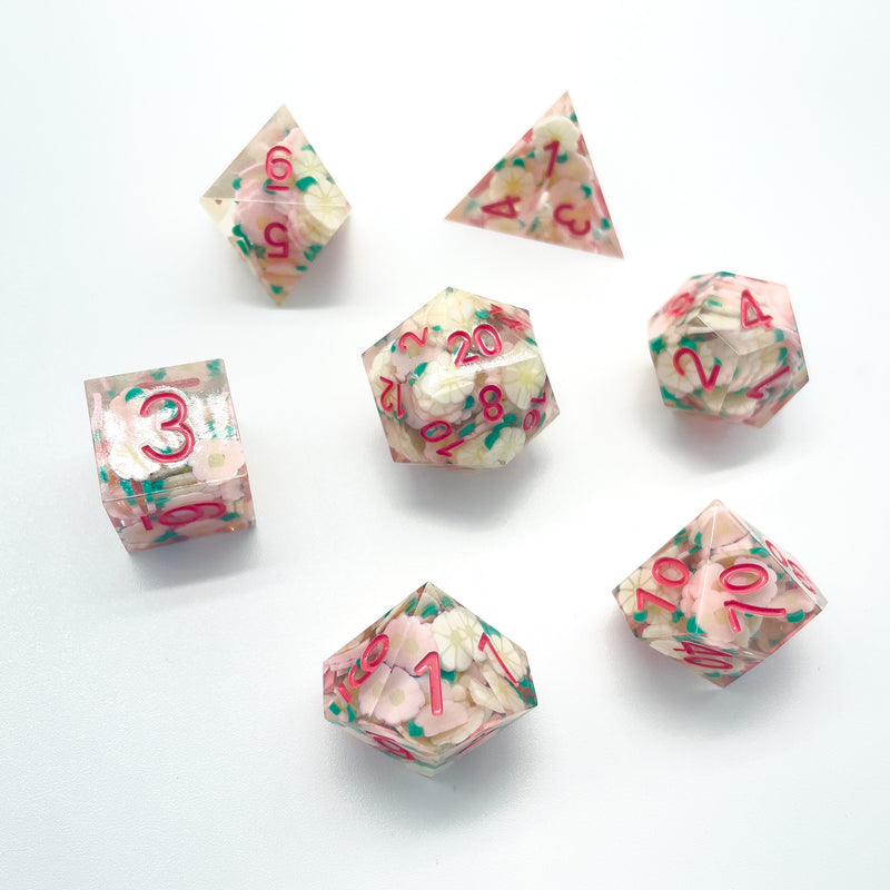 Pink and White Flower Sharp Edge Resin 7pc Dice Set | Rollacrit