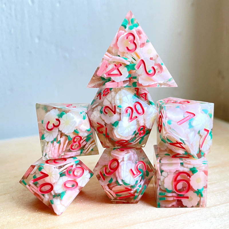 Pink and White Flower Sharp Edge Resin 7pc Dice Set | Rollacrit