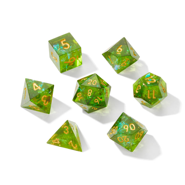 Green Plague Crackle Sharp Edge Resin 7pc Dice Set | Rollacrit