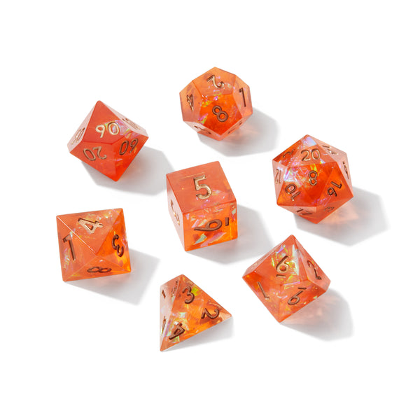 Orange Inferno Crackle Sharp Edge Resin 7pc Dice Set | Rollacrit