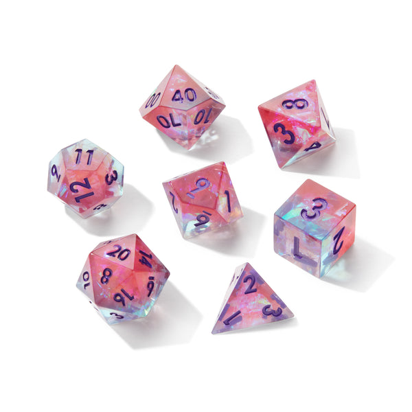 Unicorn's Pink Tears Crackle Sharp Edge Resin 7pc Dice Set | Rollacrit