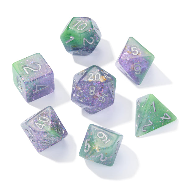 Seabed Treasure Green & Purple Glitter Resin 7pc Dice Set | Rollacrit