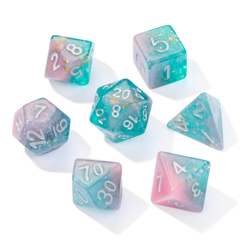 Seabed Treasure Pink & Green Glitter Resin 7pc Dice Set | Rollacrit