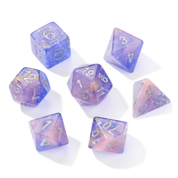 Seabed Treasure Pink & Purple Glitter Resin 7pc Dice Set | Rollacrit