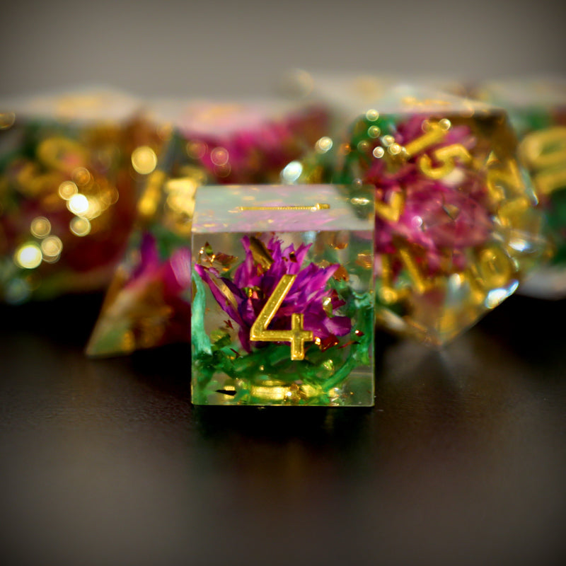 Purple & Green Timeless Flower Sharp Edge Resin Dice Set | Rollacrit
